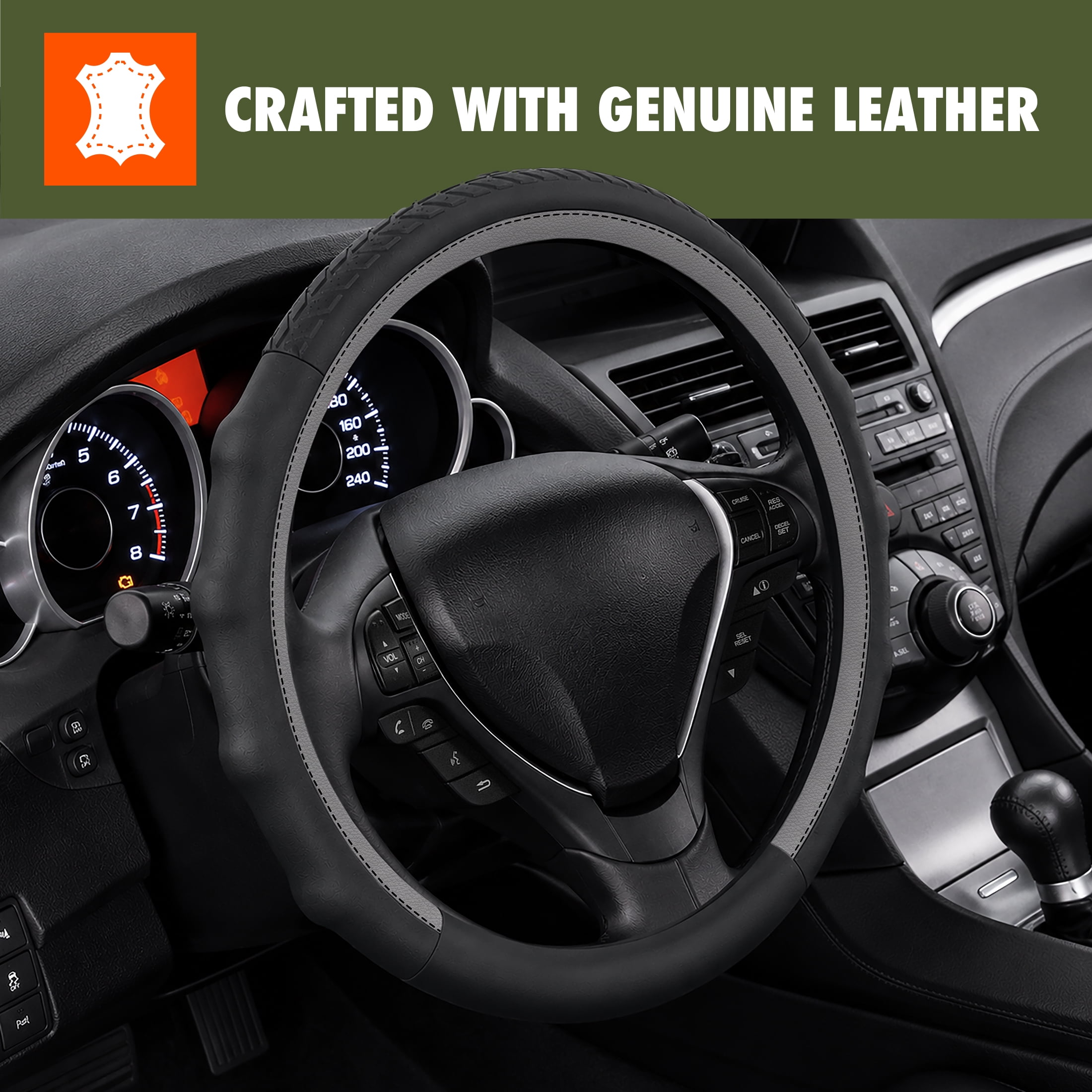 Ozark Trail Truck Steering Wheel Cover Genuine Leather with Contour Grip, Fits 16" diameter, Black Gray