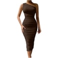 thumbnail image 3 of Ahuyic Womens Casual Dress,Womens Plus Size Dress,Womens Solid Color Sleeveless Summer One Shoulder Slim Dress,Coffee,XL, 3 of 5