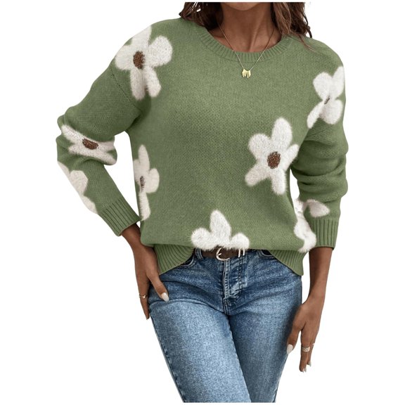 Yokua Women's Floral Pattern Round Neck Long Sleeve Casual Loose Knit Sweater