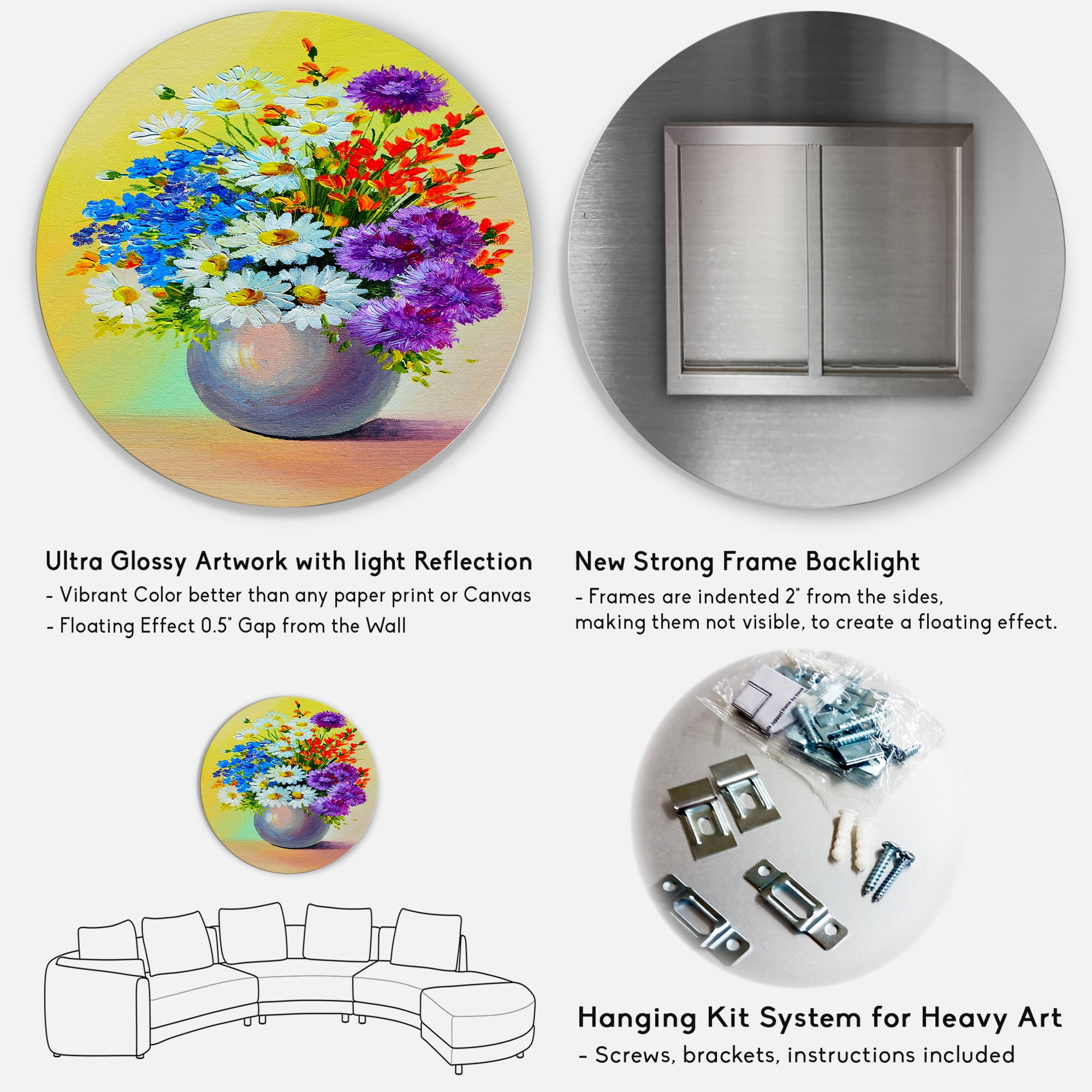 Designart 'Still Life A Bouquet Of Red Blue & White Flowers' Traditional Circle Metal Wall Art 23x23 - Disc of 23