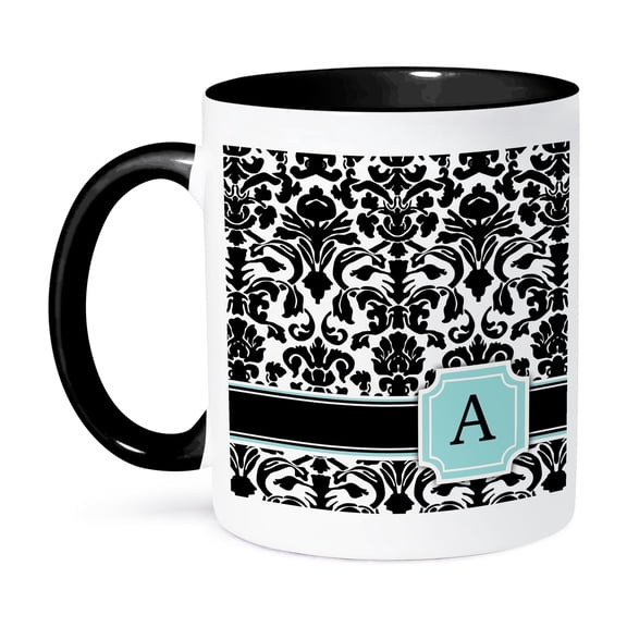 3dRose, Letter A personal monogrammed mint blue black and white damask pattern - classy personalized initial, 15oz Two-Tone Black Mug
