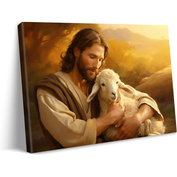 Jesus and Lamb Canvas Wall Art Biblical Redemption Scene Artwork Print Framed Religious inspirational Painting for Home Living Room Bedroom Decor 16x12in