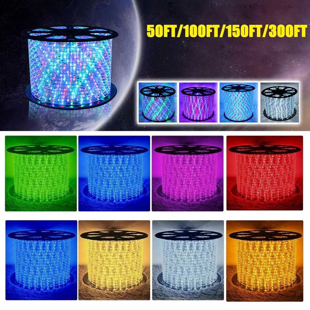 LED Rope Light 50/100/150/300ft Waterproof 110V Garden Outdoor Holiday Lighting