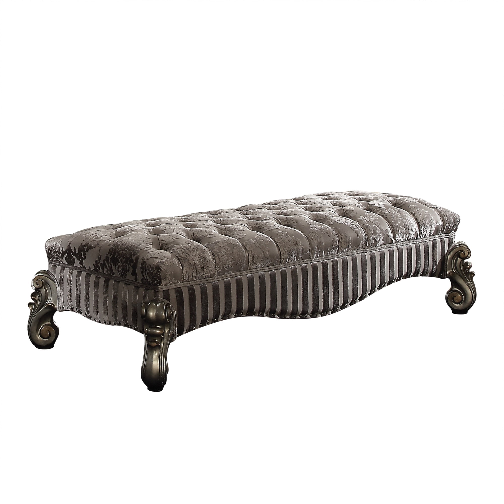 Gray Upholstered Bench with Button Tufted Seat and Scrolled Legs