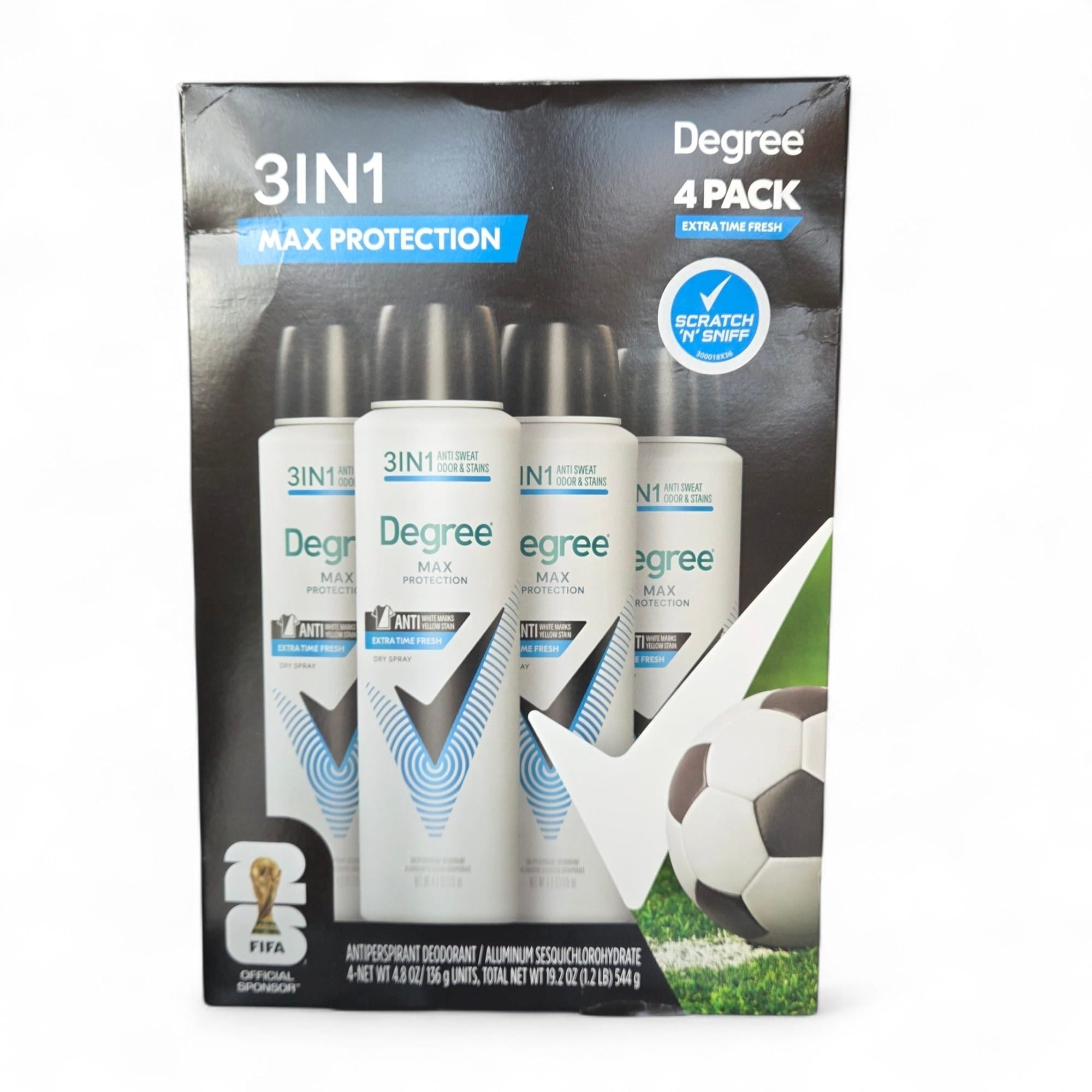 Degree Men Max Protection Antiperspirant Deodorant Spray, 3-in-1 Protection (Sweat, Odor & Stain), Extra Time Fresh Scent, 4 Pack