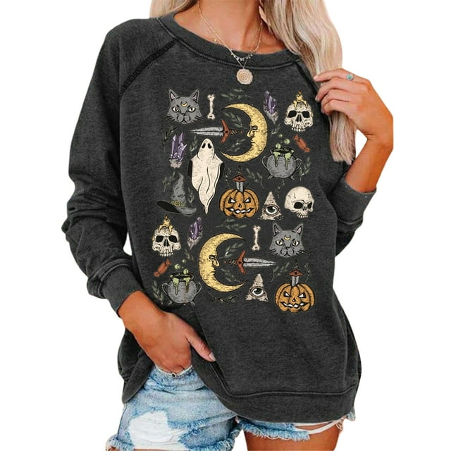 xiaxaixu Chandail en Molleton d'Halloween pour Femmes Décontracté Imprimé Graphique Coupe Ample Chandail Manches Longues Col Rond Surdimensionné Automne
