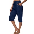 thumbnail image 4 of Zynoxe Womens Capri Pants Summer Solid Color Elastic Waist Drawstring Peasant Gauze Cropped Pants with Pockets Cotton Linen Straight Lounge Pants Dark Blue S, 4 of 5
