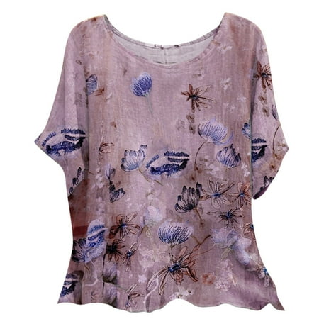 

Qufokar Underscrub Shirt Shirts for Women Casual Summer Women Casual Print Short Sleeve Shirt Blouse Round Neck Loose Tops