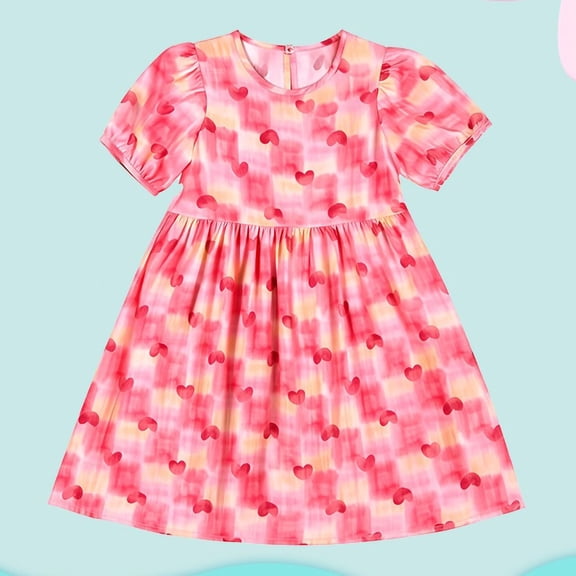 ITSAME Girls Summer Dress Puff Short Sleeve Cotton Heart Print Kids Loose Casual A-Line Dress Red Size 9-10