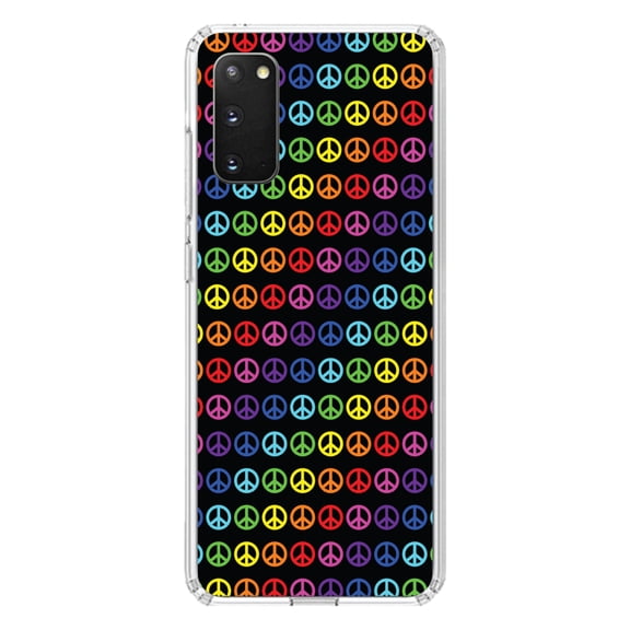 DistinctInk Clear Shockproof Hybrid Case for Galaxy S20 / S20 5G (6.2" Screen) - TPU Bumper, Acrylic Back, Tempered Glass Screen Protector - Black Rainbow Peace Signs