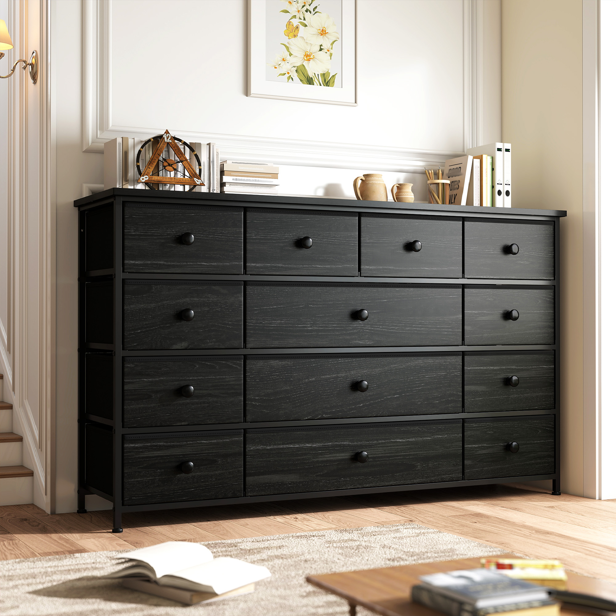 Romorgniz Dresser TV Stand, 13 Drawer Dressers for Bedroom, Chest of Drawers for 45" Long TV, Fabric Dresser for Storage, Black