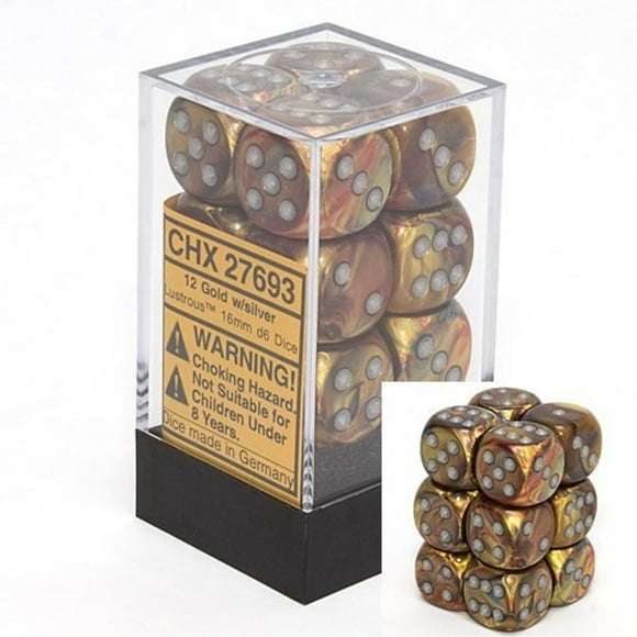 Juego de dados Chessex Lustrous Gold con plata 16 mm d6 (12)