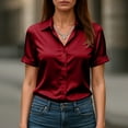 thumbnail image 5 of ASDFVBKG Silk Satin Blouses for Women Summer Elegant V Neck Shirts Casual Short Sleeve Blouses Office Work Satin Silk Tops Red M, 5 of 5