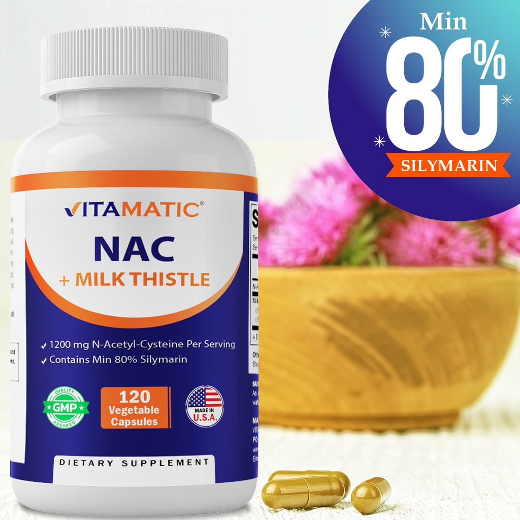 Vitamatic NAC Supplement N-Acetyl-L-Cysteine (NAC) with Milk Thistle 50:1 Extract - Supports Immune, Respiratory, Liver Health, 1200 mg per Serving, 120 Veg Capsules