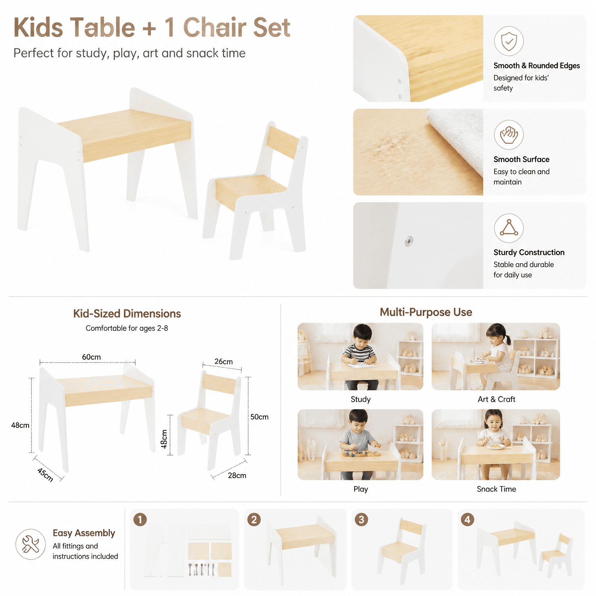 MDF Kids Table and Single Chair Set, Toddler Activity Play Study Desk Furniture for Ages 2-8