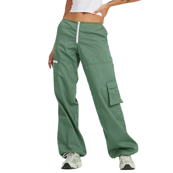 Women Pants Casual Drawstring Low Waist Cargo Pants Baggy Straight Wide Leg Trousers Hop Streetwear Women Dress Pants Green L