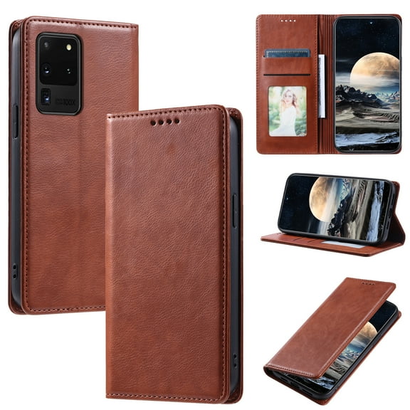 Mantto Flip Wallet Case for Samsung Galaxy S20 Ultra, for Women Men, Magnetic Closure Folio Cover with Credit Card Holder Slots, Shockproof Durable PU Leather Kickstand Phone Case,Brown