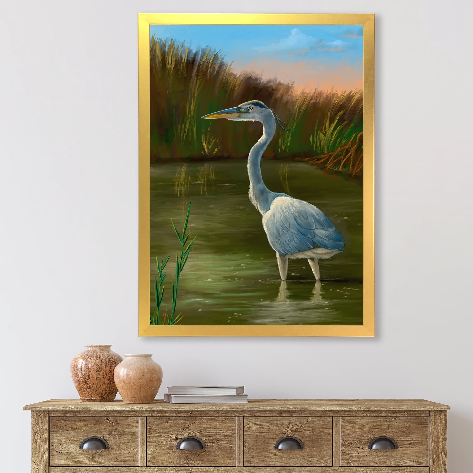 Designart 'Blue Heron Wetland Bird on The Lake Shore' Traditional Framed Art Print