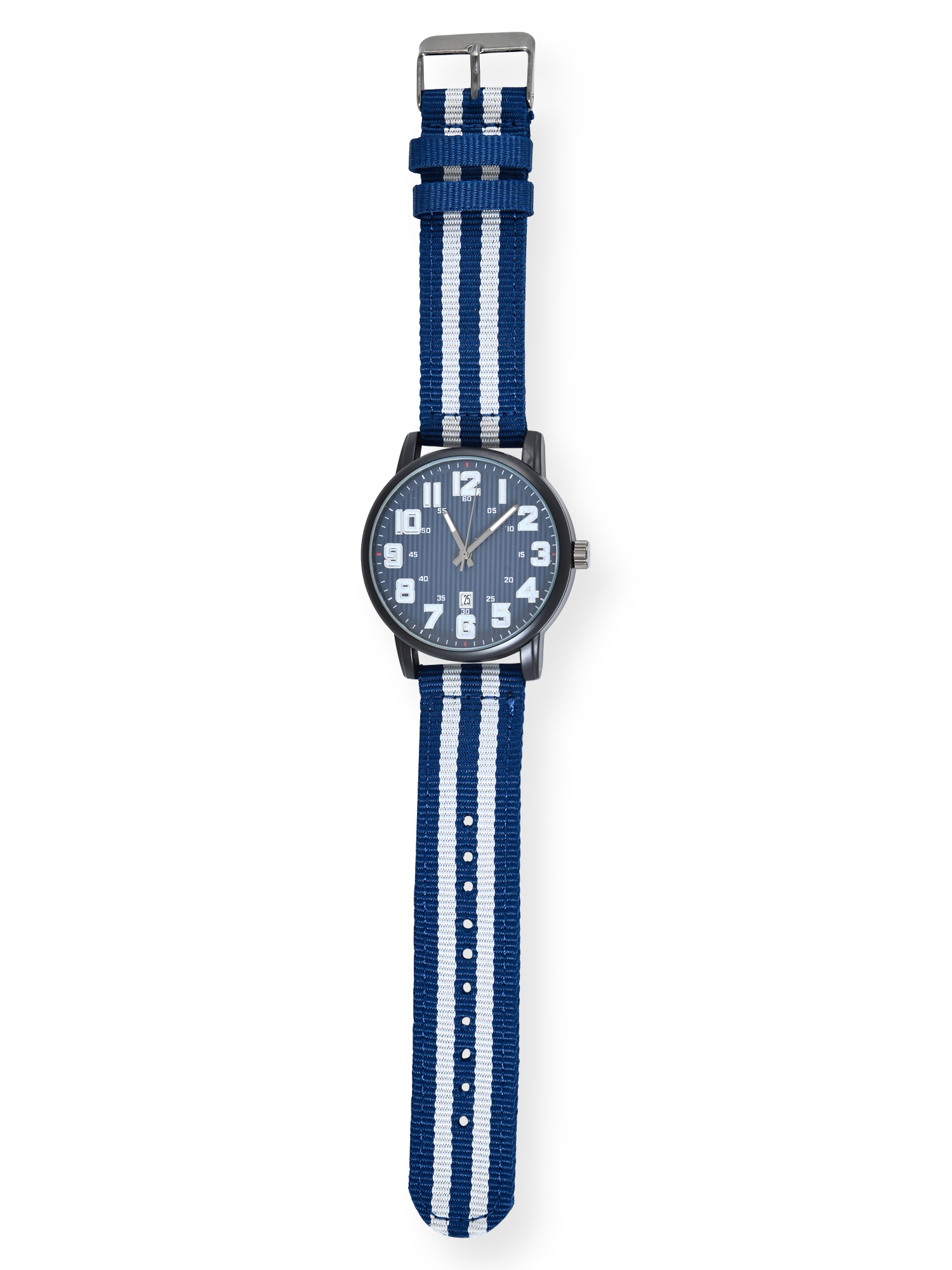George Men's Black Round Watch Case with Eazy Read Dial, Date Feature & Navy Pinstripe Nylon Strap. 44MM