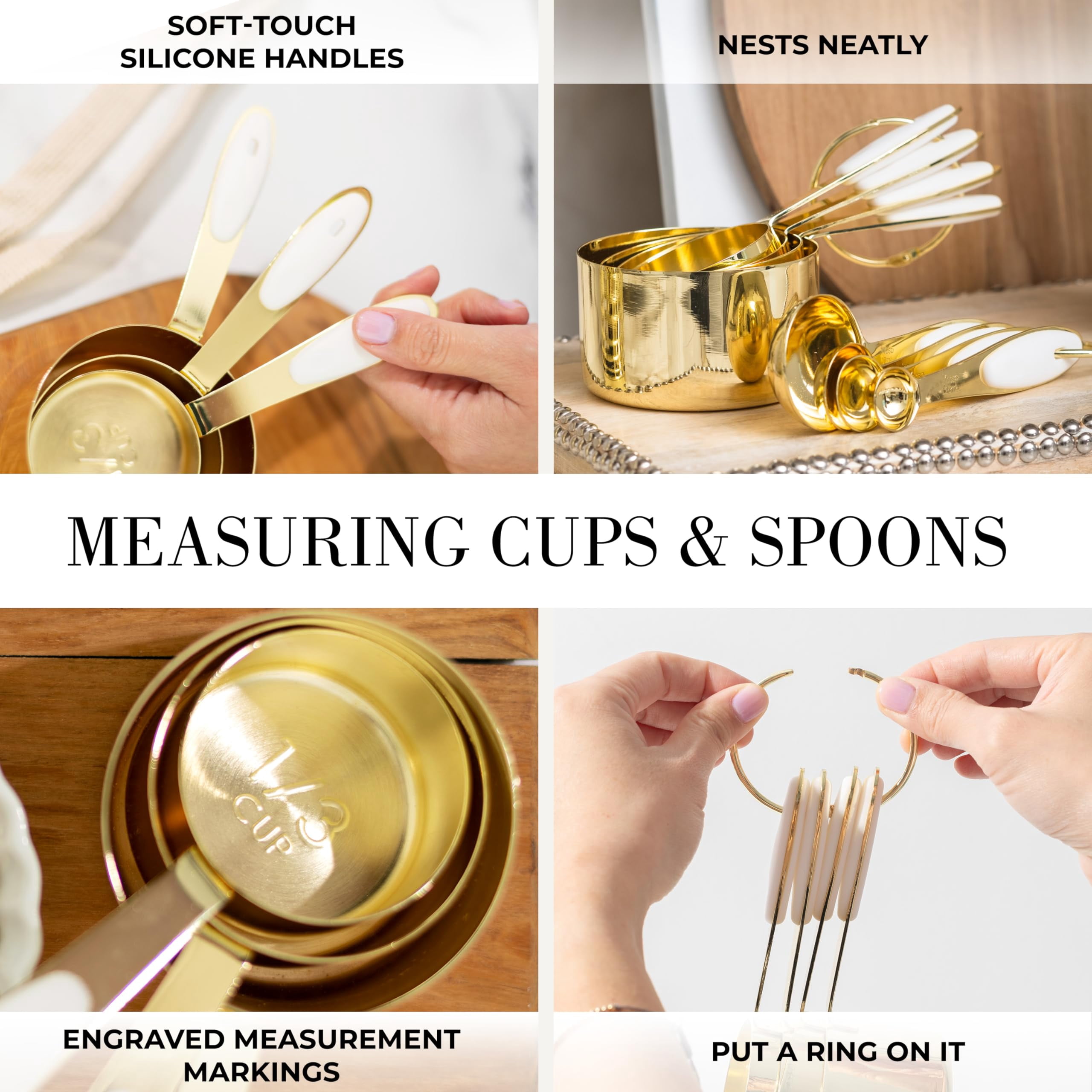 Styled Settings White and Gold Kitchen Utensils Set - 15-Piece Non-Scratch, White and Gold Utensils Set Includes White Silicone Cooking Utensils and White and Gold Measuring Cups and Spoons