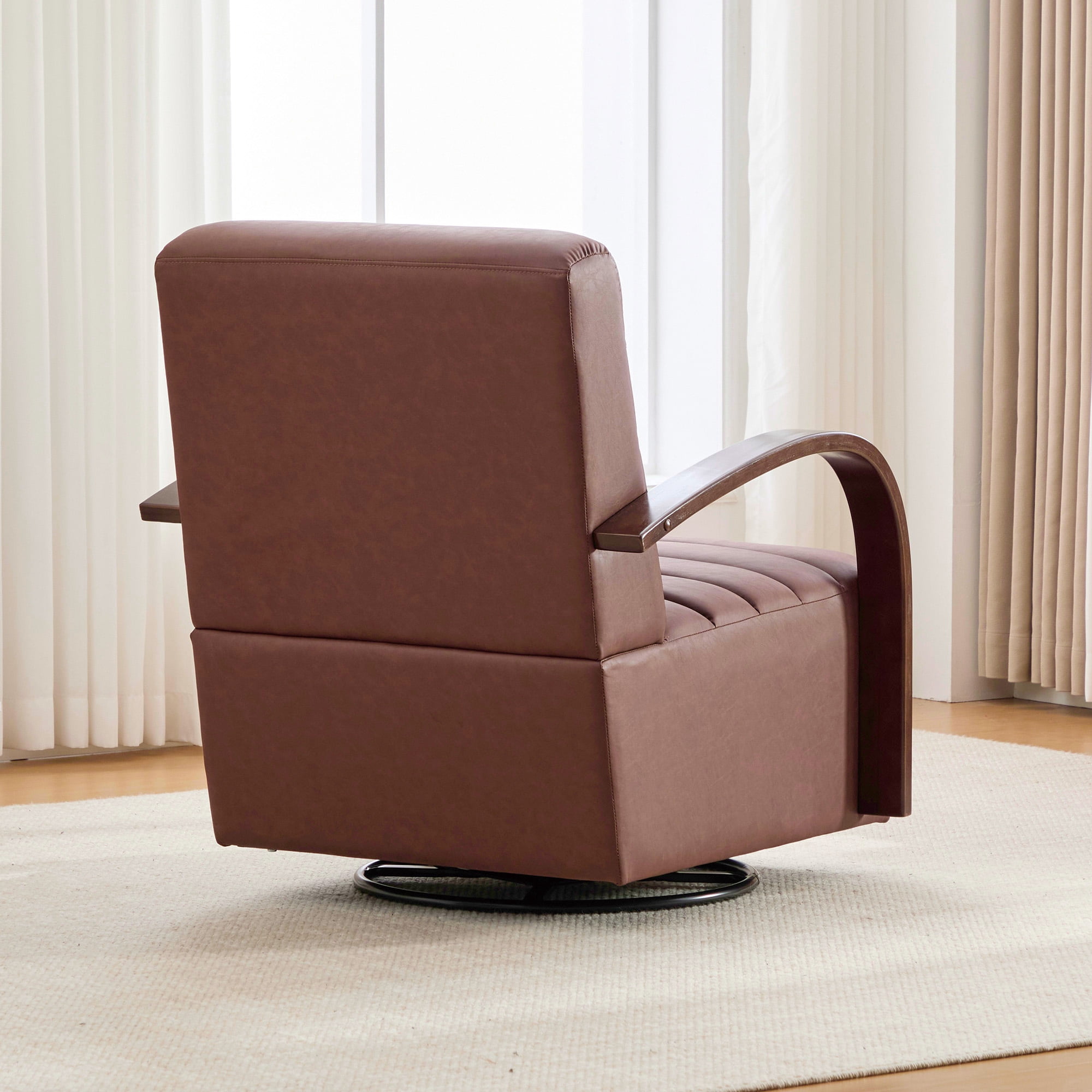 360° Swivel Accent Chair with Solid Wood Armrests,30.7"W PU Lounge Reading Chair Single Sofa Armchair for Bedroom Living Room Office,Brown