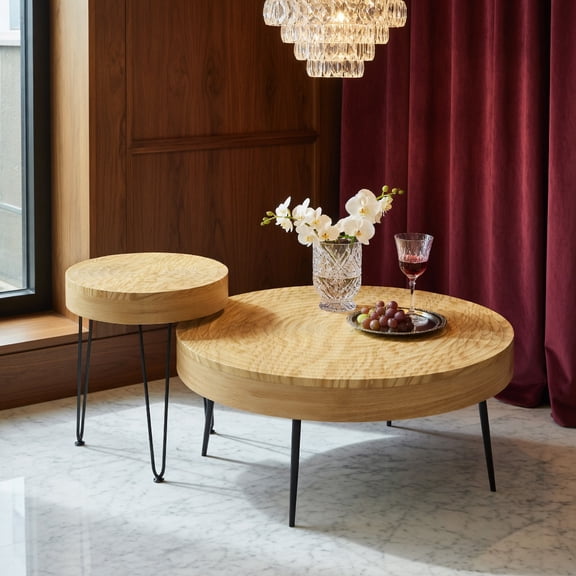 Spaco Set of 2 Solid Wood Farmhouse Round Coffee Tables-Ring Pattern, Modern Coffee Table for Living Room Office Reception
