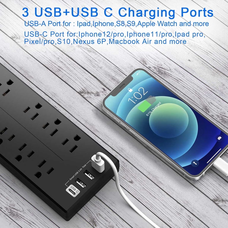 8-Outlet Power Strip with 4 USB Ports and 6ft Extension Cord, Black photo 4