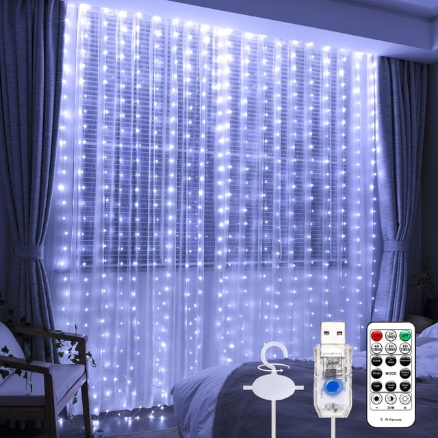 Lámpara de cortina SINAMER Upgrade 300 LED blanca con conector USB de 3 x 3 m