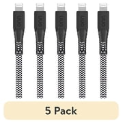 (5 pack) onn 10ft Lightning to USB-A Braided Charging Cable, MFI certified, Black - Compatible with iPhone 14/13/12/11/X/XR/XS/8/7/6/5, iPad, Airpods and more