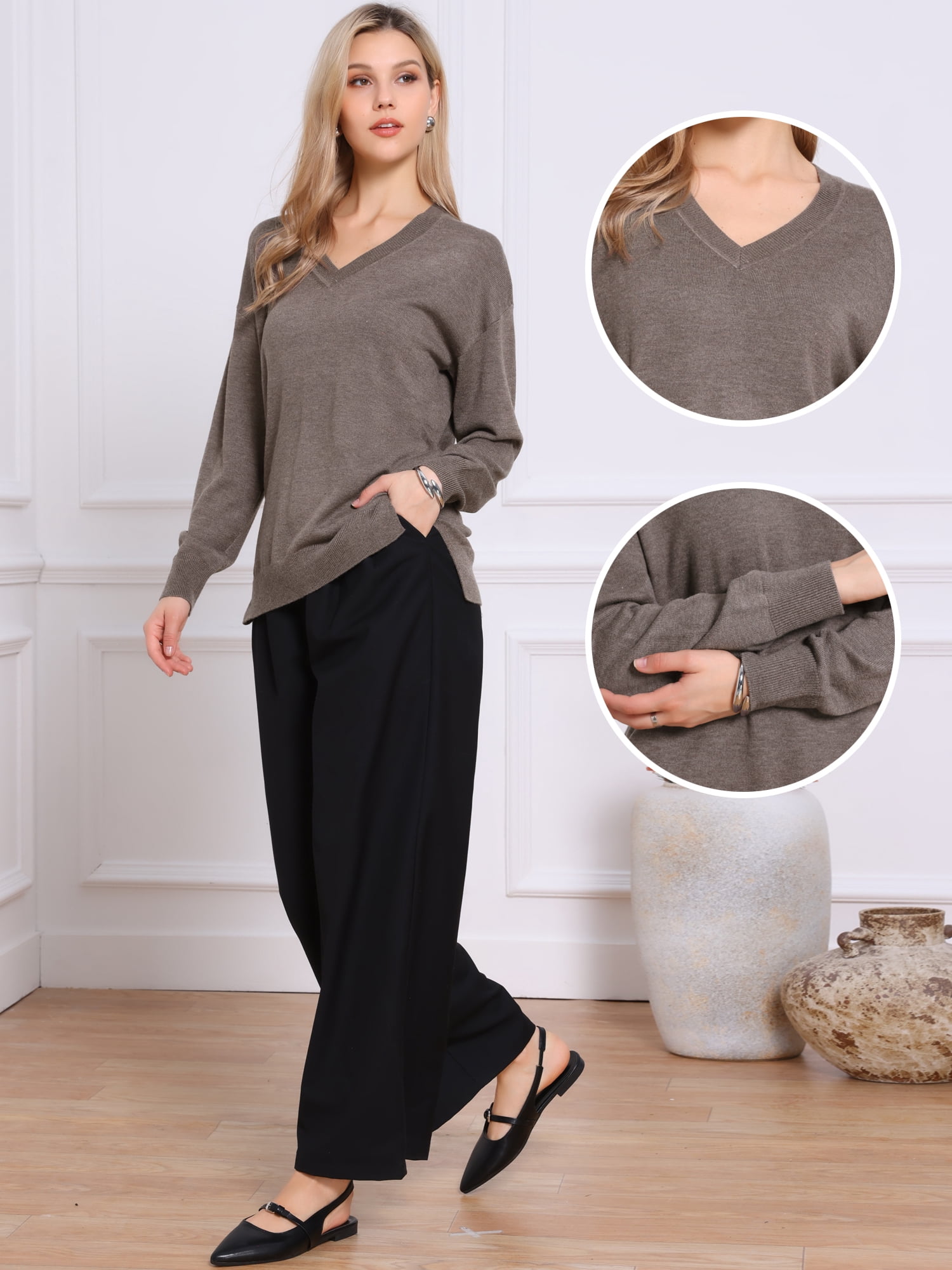 DARING DIVA Women's V Neck Sweaters Long Sleeve Pullover Jumper Tops S Brown