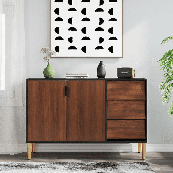 Storage Cabinet with 3 Drawers, 2 Doors Sideboard Buffet Cabinet, Mid Century Accent Cabinets with Adjustable Shelf, Kitchen Cabinets for Entryway, Living Room, Office, Dining Room, Brown