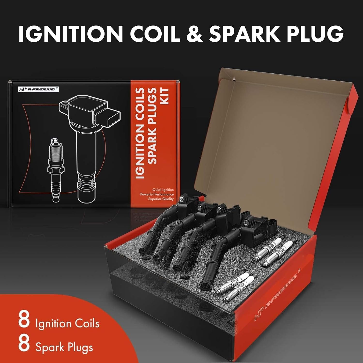A-Premium Set of 8 Ignition Coil Pack and Iridium Spark Plugs Compatible with Mercedes-Benz G50 2013-2014, GL550 2013-2016, GLS550, G3 AMG, GLE63 AMG, GLE63 AMG S, GLS63 AMG, ML550, M3 AMG