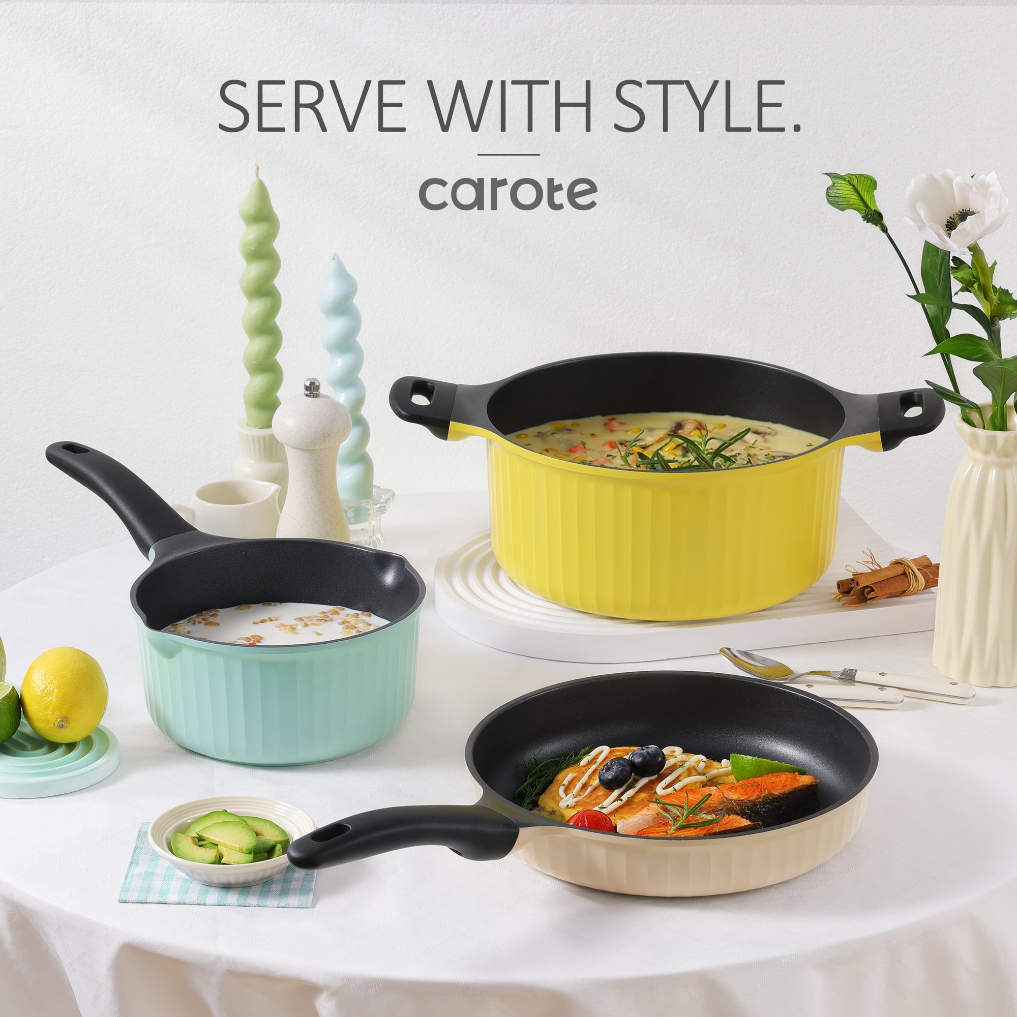 Carote Nonstick Cookware Sets, 8 Pcs Non Stick Pots and Pans Set, Induction Cookware, Oatmeal