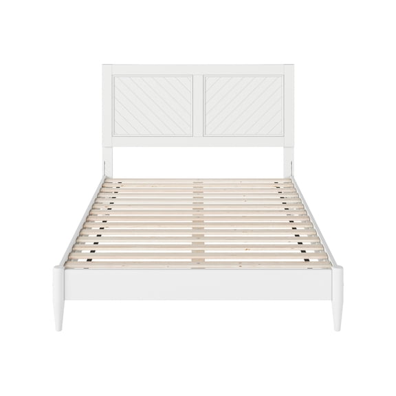 Solid Wood Low Profile Platform Bed - USB Charging, Full Size, Modern Bedroom Bed Frame, White Finish