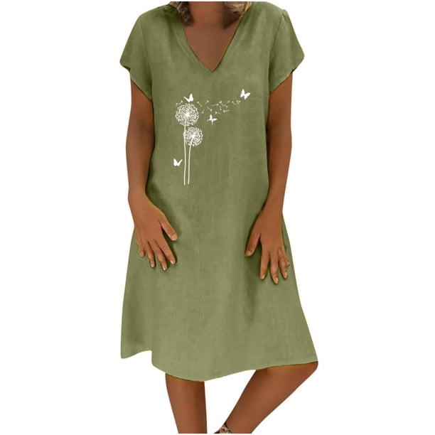 Vestido de algodón y lino de manga corta con estampado de verano con cuello en V suelto para mujer a la moda Fridja bnh4843