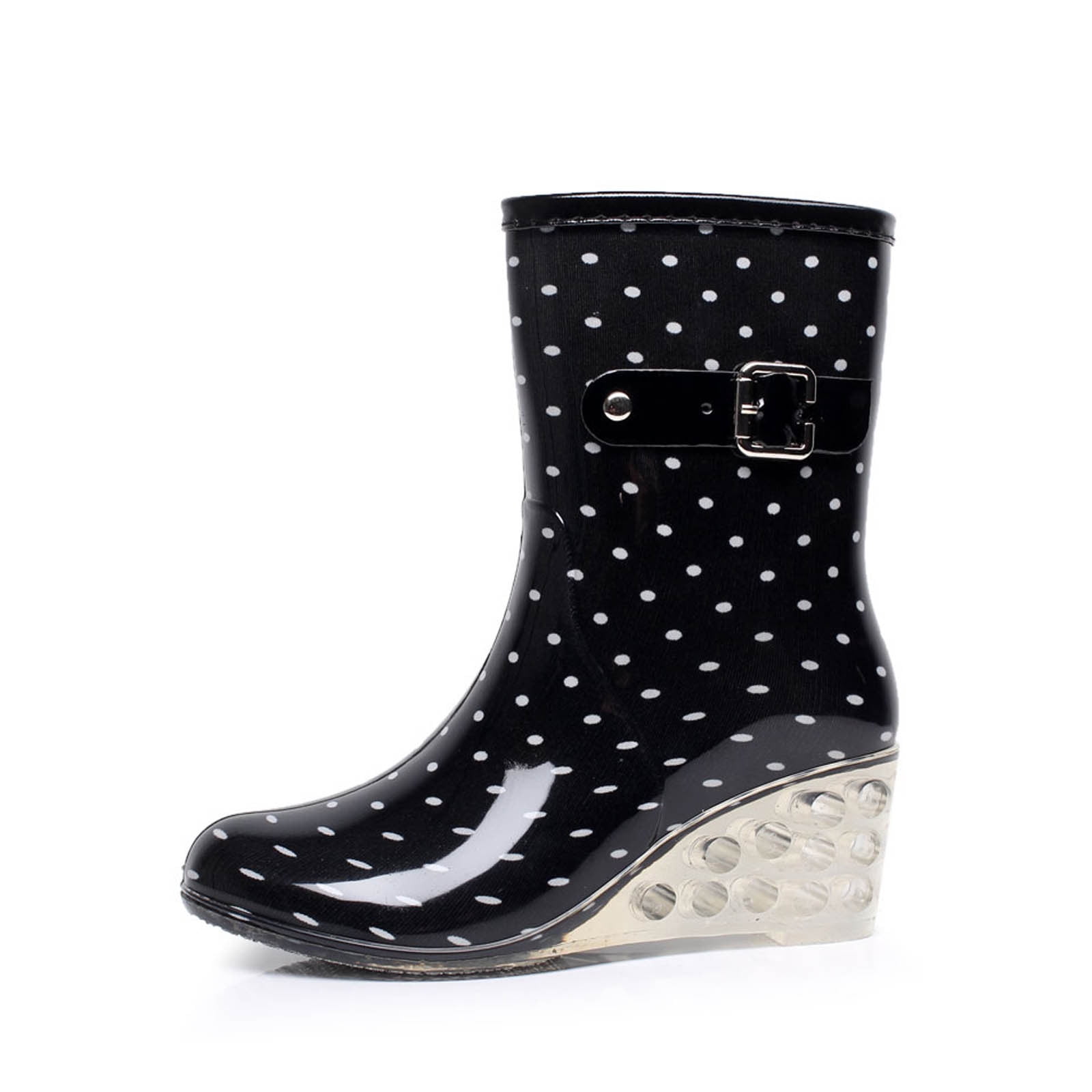 FRSASU Women's Mid Calf Rain Boots Waterproof Garden Shoes Buckle Side Zipper High-heeled Transparent Wedge Rain Shoes On