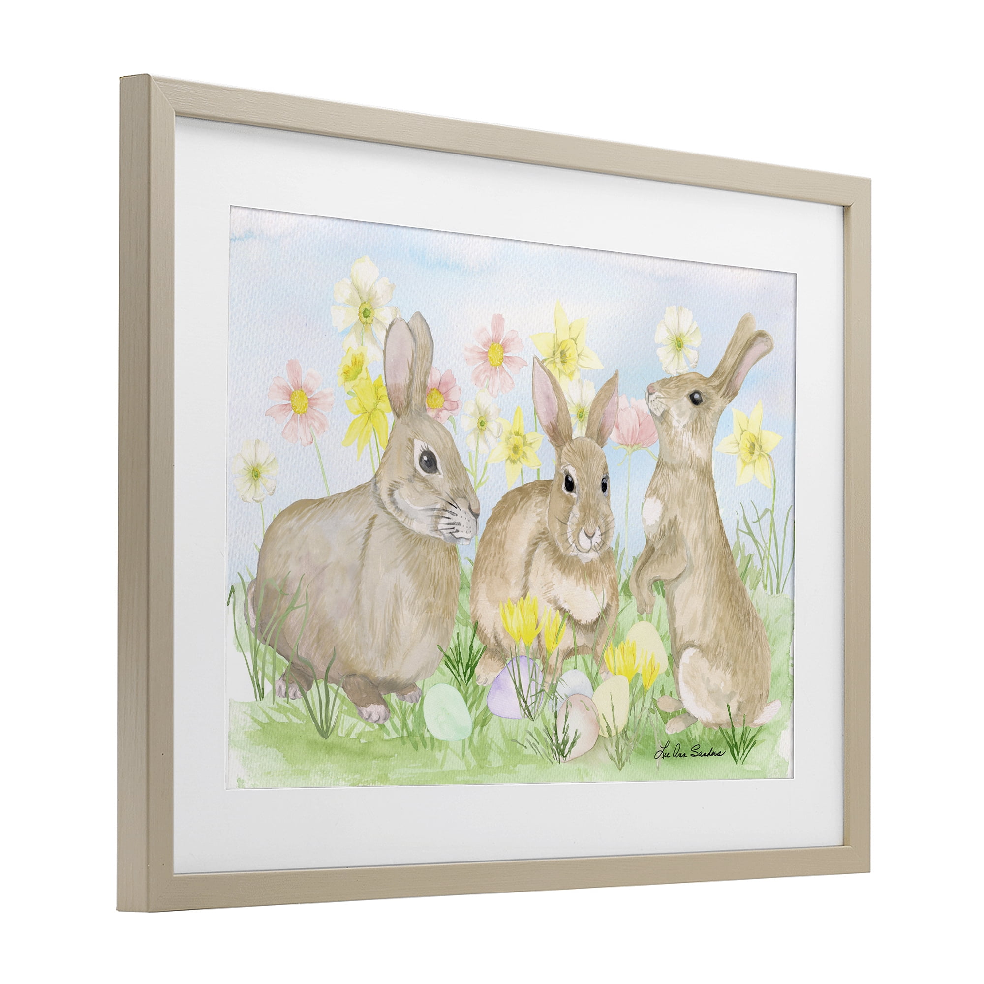 Three Bunnies In The Grass Birch Framed Print Under Glass, design by Lee Ann Sanders