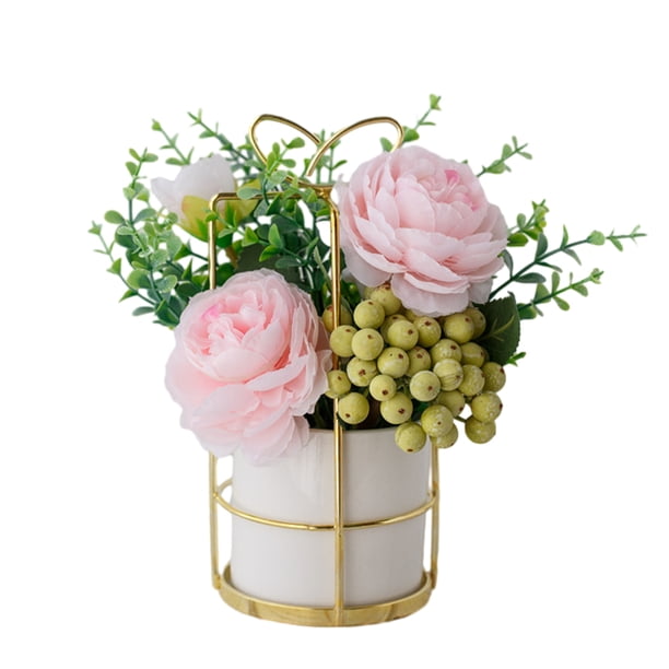 Injueey Impresionantes flores artificiales con jarrón natural en interiores o exteriores, juego de flores de simulación Decoración Pinelia rosa