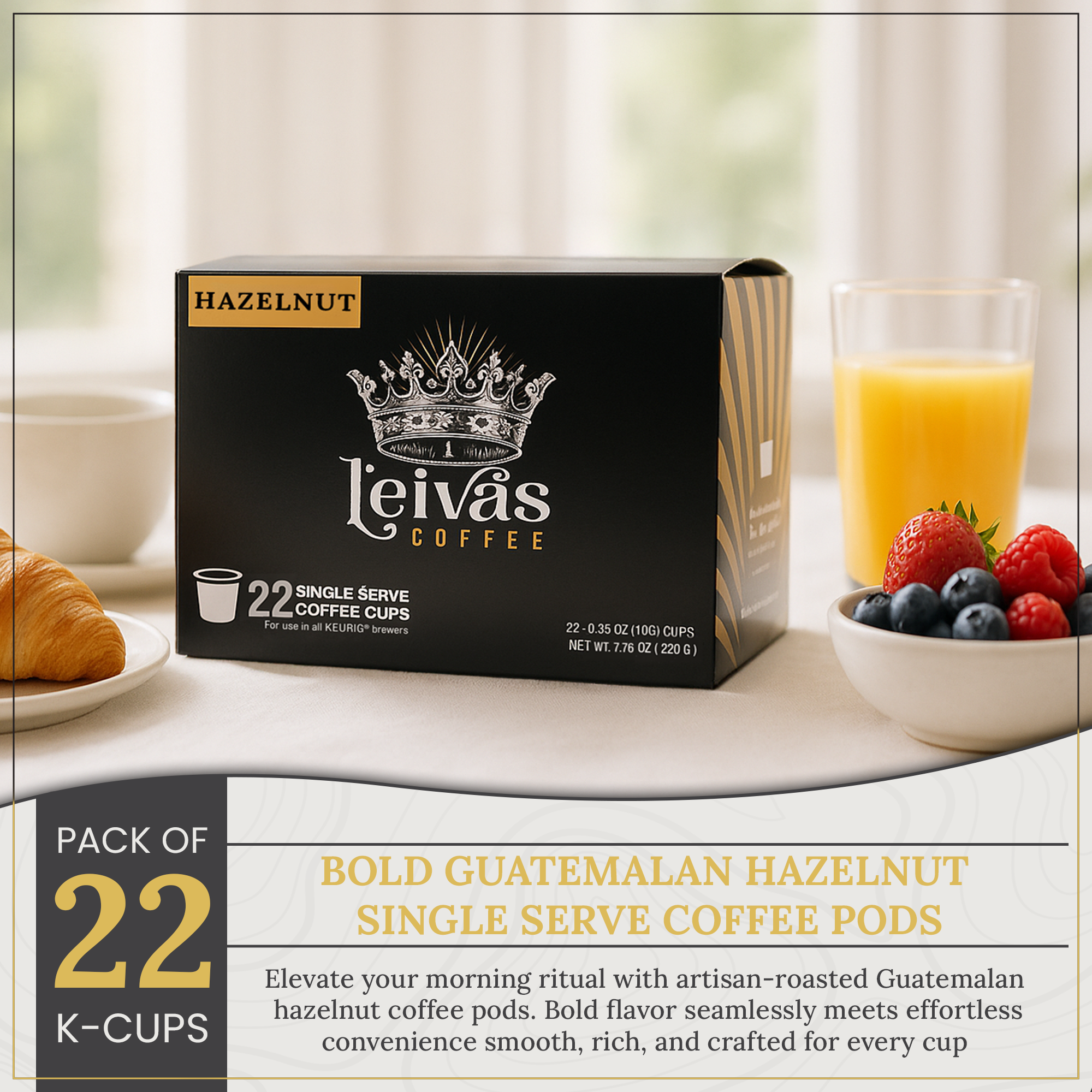 Leiva’s Guatemalan Single Serve Coffee Pods (22 Count) – Small Batch, Hazelnut Flavor Capsules - Rich, Bold & Balanced Flavor - Single Serve Pods for Keurig Coffee Machine - 0.35 Oz Cups