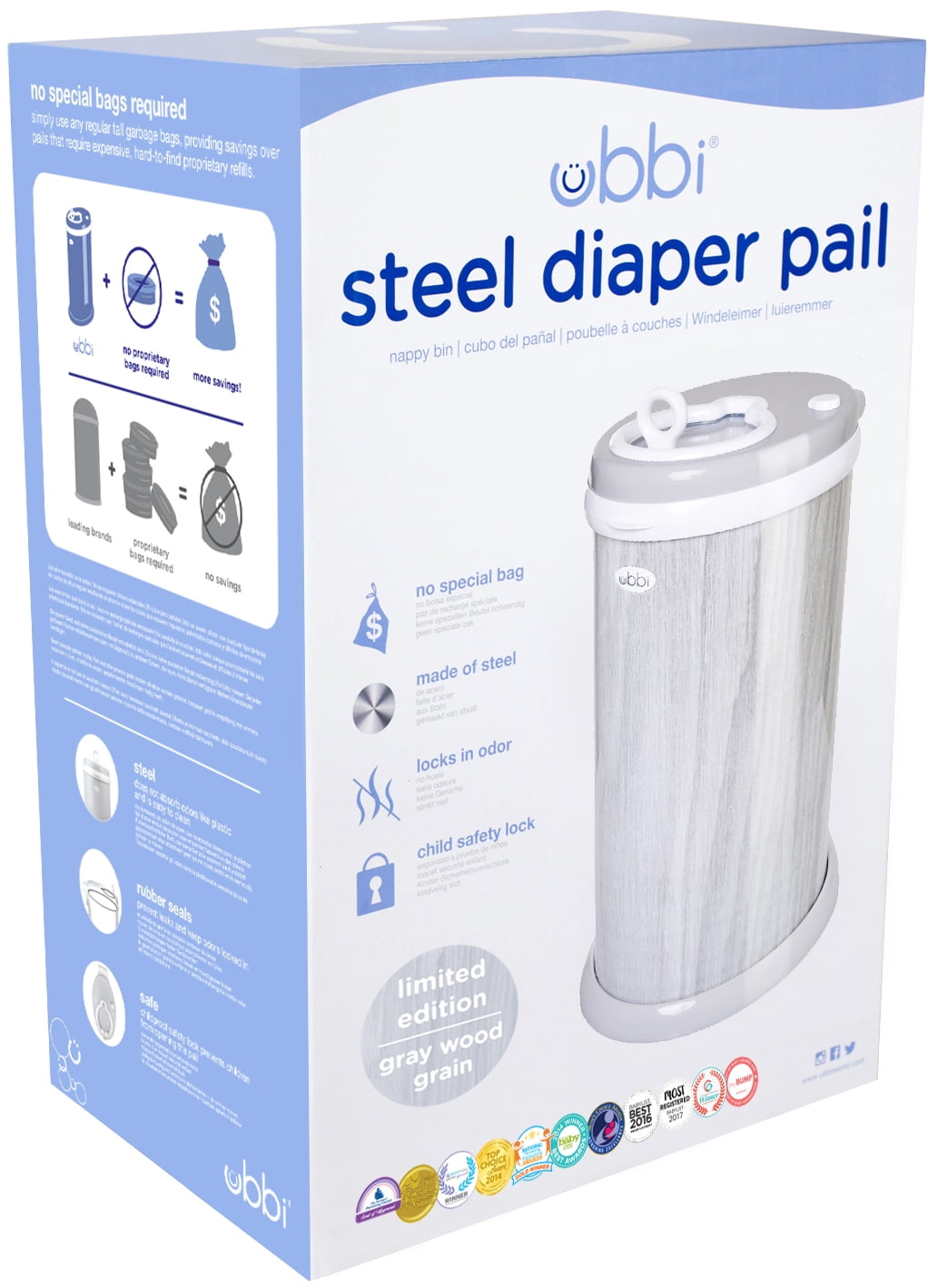 Ubbi Stainless Steel Diaper Pail, Odor Locking, No Special Bag Required, Award-Winning, Registry Must-Have, Woodgrain