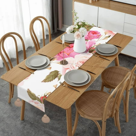 

Floral Flower Rose Pink Table Runner Imitation Linen Table Runner With Khaki Tassels For Party And Dining Room 14 x 60