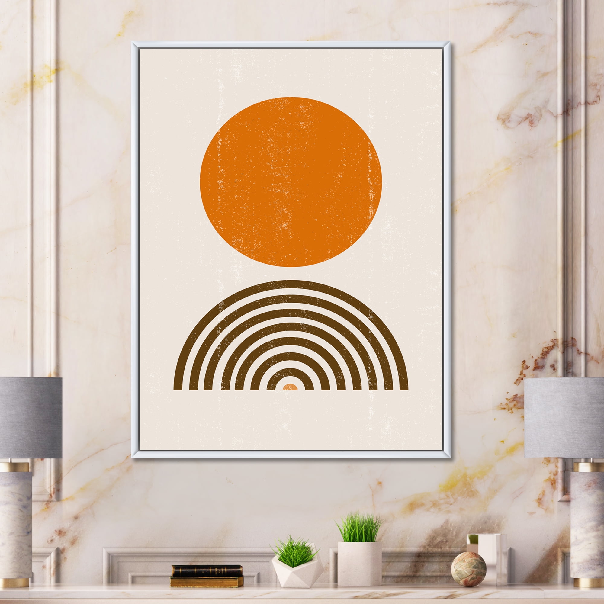 Designart 'Abstract Minimal Rainbow and Orange Sun I' Modern Framed Canvas Wall Art Print