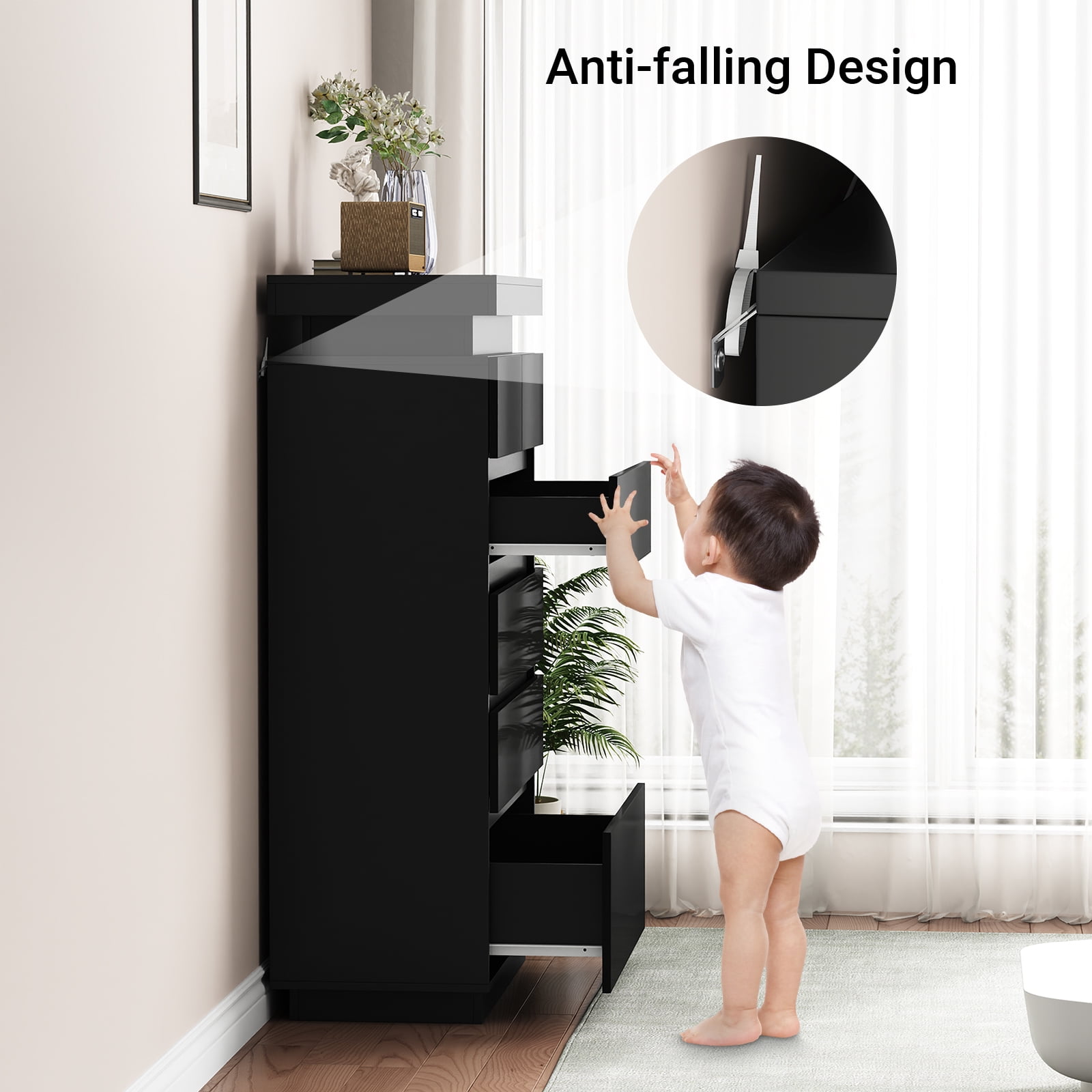 6 Drawers Dresser, Modern Tall Dresser for Closet with Adjustable LED Lights, High Gloss Chests of Drawers, Wood Storage Cabinet for Bedroom, Entryway, Living Room, Dressing Room, Black