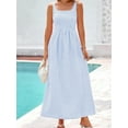 thumbnail image 3 of Women'S 2025 Summer Spaghetti Strap Plaid Square Neck A Line Casual Beach Vacation Long Maxi Dresses Light Blue L, 3 of 7
