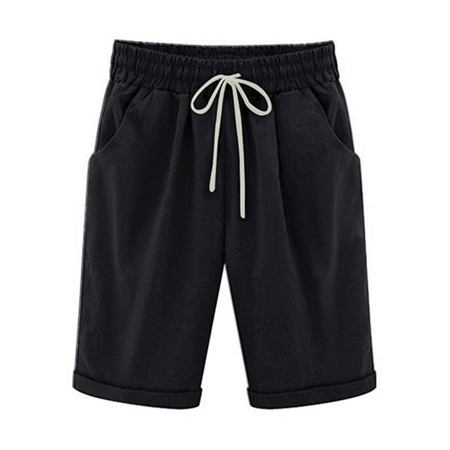 Summer Shorts for Women Casual High Waisted Drawstring Knee Length Cotton Linen Plus Size Lounge Shorts with Pockets