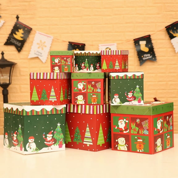 9PCS Christmas Box Decoration Christmas Stacking Boxes 3 Sizes Gift Boxes with Lids Christmas Nesting Boxes Xmas Stackable Gift Box Decoration
