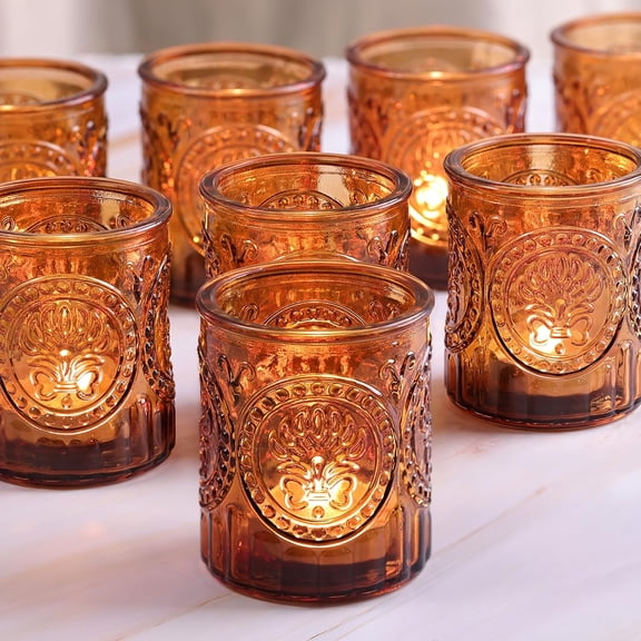 PAGEIA 12Pcs Amber Votive Candle Holders,Glass Tea Lights Candle Holder Vintage Candle Holders Bulk for Table Centerpieces,Fall,Christmas Decor Fall Wedding Decor