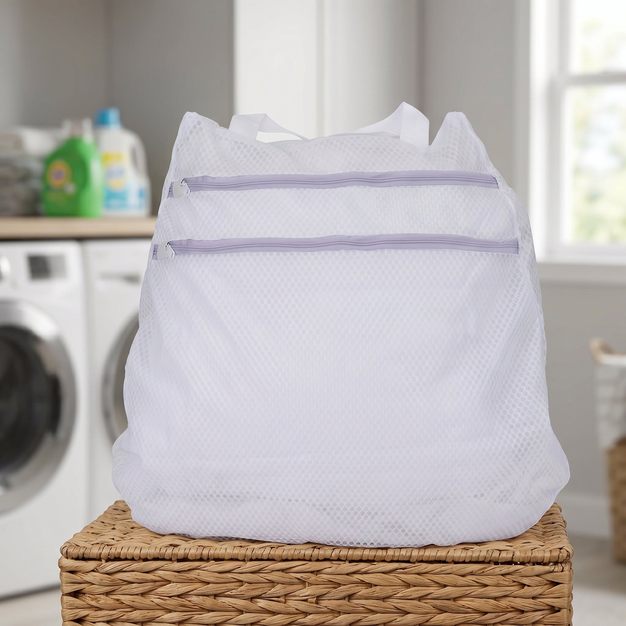 Unique Bargains 2 Pcs Mesh Laundry Bags, Durable Zipper Closure White-Purple 19.7"x19.7"