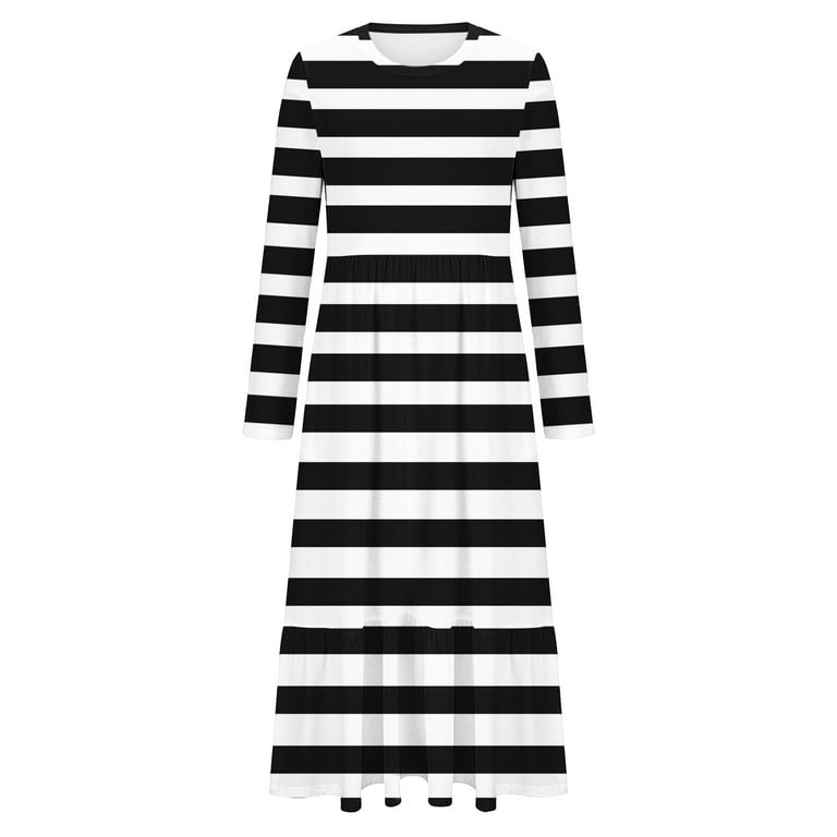 Womens Striped Dresses Casual Long Sleeve Crew Neck Loose Fit Ruffle Hem  Flowy Long Dress With Pockets - Walmart.com