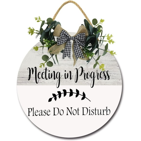 Eveokoki 12" Door Wooden Hanging Sign,Meeting in Progress Plsease Donot Disturb Sign Front Door Decor with Bowknot Rustic Farmhouse Wood Sign Door Hanger for All Season Holiday